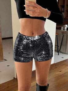 SHEIN EZwear 女士新款亮片拼接时尚百搭约会派对短裤 - 黑與白 - 查看 5