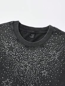 ROMWE MEN Men's Round Neck Rhinestone Five-Pointed Star Graphic Casual Daily Washed Short Sleeve T-Shirt Spring/Summer - Black - View 2