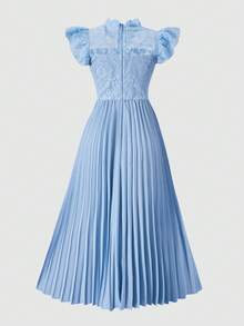 SHEIN 少女圆领喇叭短袖蕾丝拼接褶皱飘逸连衣裙，适合日常或派对穿着，四季皆宜 - 藍色 - 查看 12