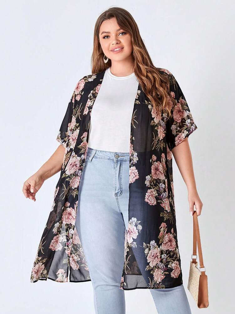 Kimono en mousseline de soie à imprimé floral avec épaule tombante, grande taille, pour l'été