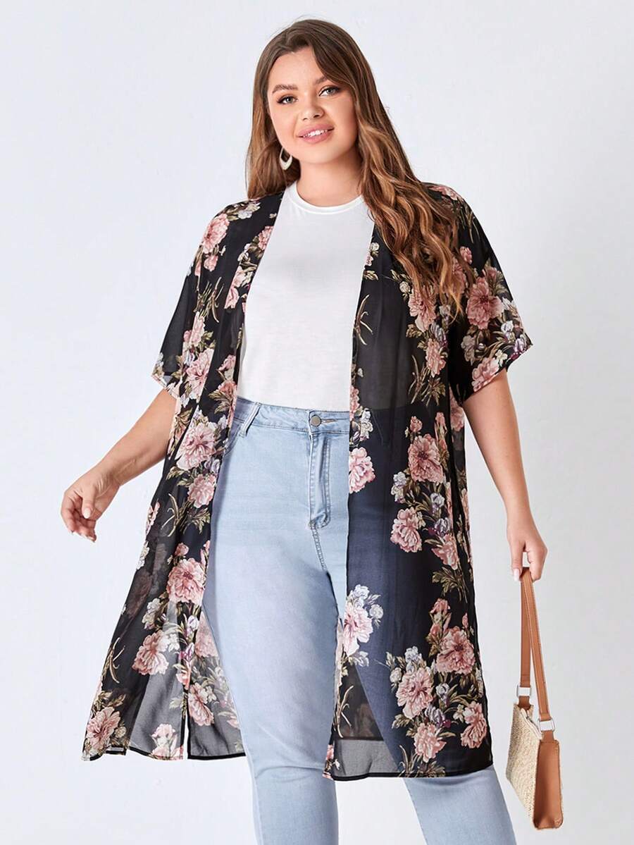 EMERY ROSE Plus Size Floral Print Drop Shoulder Chiffon Kimono Summer - Multicolor - View 1