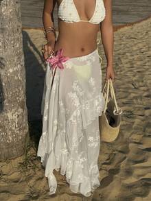 SHEIN SunnyBelle Women's White Embroidered Self-Tie Ruffle Hem Skirt, Romantic Elegant Beach Holiday Summer Skirt, Fashionable Irregular Hem Beach , Spring/Summer, White, Valentine's Day - White - View 6