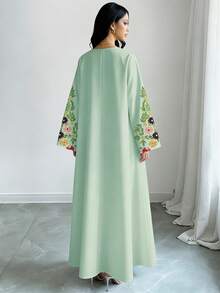 SHEIN Najma Women's Floral & Plant Digital Print Faux Embroidery V-Neck Long Sleeve Elegant Arabic Style Dress, Spring/Autumn - Multicolor - View 2