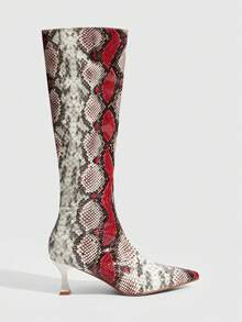 CUCCOO SZL Giày bốt cao đến đầu gối mũi nhọn họa tiết da rắn tối giản thanh lịch đa năng dành cho nữ, khóa kéo bên hông, kiểu dáng stiletto, thích hợp cho mùa Giáng sinh. - Màu đỏ tím - Xem 7