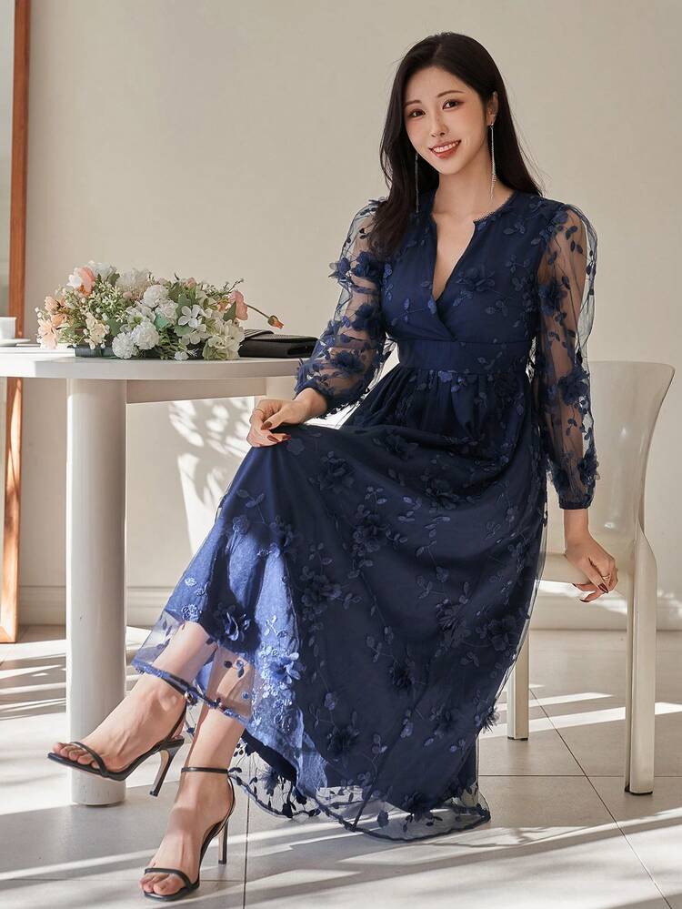 Spring/Summer Fashion Lace Dress, Elegant Slim Waist Casual/Wedding/Commute Sheer Mesh Patchwork Long Sleeve Midi Dress For Women Sundress