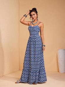 JIAN LASALA All-Over Print Spaghetti Straps Sleeveless Bustier Top Ruffled Women Maxi Dress Vacation Casual - Blue - View 5