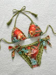 Soleia 复古彩色豹纹、斑马纹、花卉印花荷叶边系带流苏装饰沙滩比基尼套装（女士款） - 彩色 - 查看 3