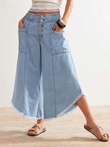 Bohemela 女士休闲纯色梭织宽松七分裤 - 藍色 - 查看 7