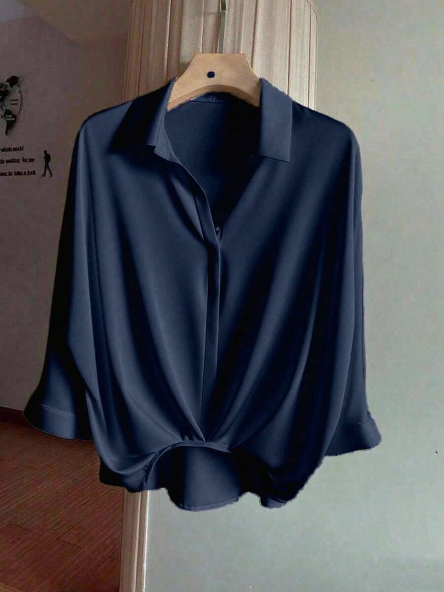 GlowEve CURVE Navy Blue Plus Size Casual Collared Shirt, Regular Long Sleeve Blouse With Asymmetrical Hem And Ruched Front Ruched Front Knot Detail And Ruched Hem - Navy Blue - View 1