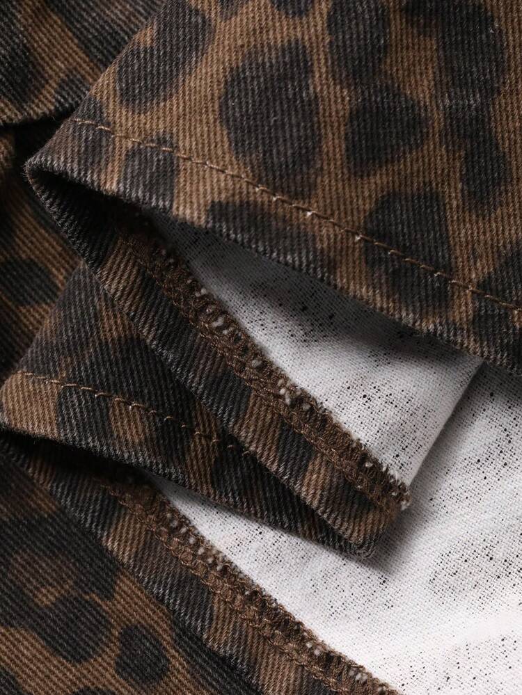 Women's Leopard Print Bow Ruffle Hem Short Sleeve Denim Jacket And Coat