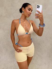 Swim Mod 26SS 女士春夏沙滩套装，女士比基尼套装，三件套，春夏沙滩、度假、下午茶、野餐，清新甜美，镂空纹理面料，精致撞色蝴蝶结装饰肩带，三角罩杯比基尼搭配舒适内裤，浅黄色和海蓝色，甜美可爱，优雅淑女风，适合夏季沙滩、度假、日常穿着 - 淡黃色 - 查看 3