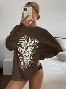 DAZY 女士撞色蕾丝字母印花宽松休闲夏季上衣T恤长袖Y2K图案T恤 - 棕色 - 查看 3