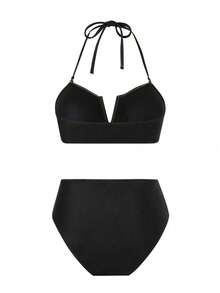 Swim Oasis 2026新款春夏女款純色抹胸比基尼泳衣套裝，含泳褲與網紗長裙，黑色休閒度假海灘裙套裝，可愛度假風 - 黑色 - 查看 4