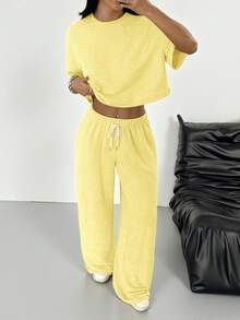 SHEIN EZwear 女士纯色圆领中袖上衣搭配抽绳腰带口袋阔腿裤休闲日常套装 - 鵝黃色 - 查看 5