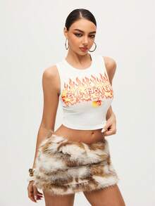 MTV | SHEIN Women's Casual Letter & Flame Print Cropped Tank Top, Summer - White - View 3