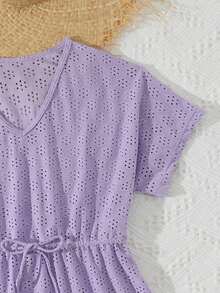 少女V领短袖刺绣烂花图案夏季透明沙滩罩衫，带流苏装饰 - 紫色 - 查看 4
