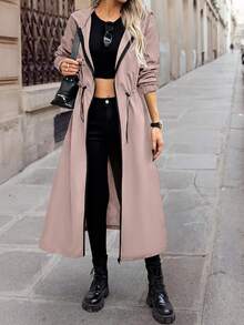 SHEIN LUNE 女式纯色长袖抽绳腰连帽长款休闲风衣，秋季 - 藕粉色 - 查看 5