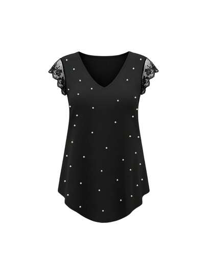 SHEIN PETITE Petite Women Bubble Bead Decor Lace Patchwork Short Sleeve Casual Versatile T-Shirt