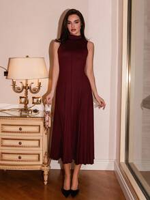 Bris Aura 纯色高领无袖长款优雅连衣裙，晚礼服，舞会礼服 - 酒紅色 - 查看 1