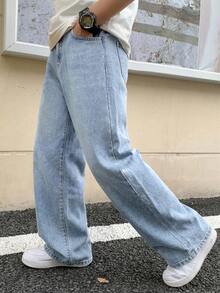 SHEIN Thời trang nam tuổi teen phong cách thường ngày Y2K cổ điển, cá tính, đường phố, trở lại trường học, đại học, quần jeans đen rộng rãi, thoải mái và đơn giản, chất liệu mềm mại, thích hợp mặc hàng ngày vào mùa thu đông, đi học, dự tiệc, lễ hội, đi biển, phong cách đường phố. - Rửa nhẹ - Xem 4