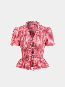 Sweetra Women's Plaid Tie-Waist Short Sleeve Shirt, Spring/Summer - Red - View 1