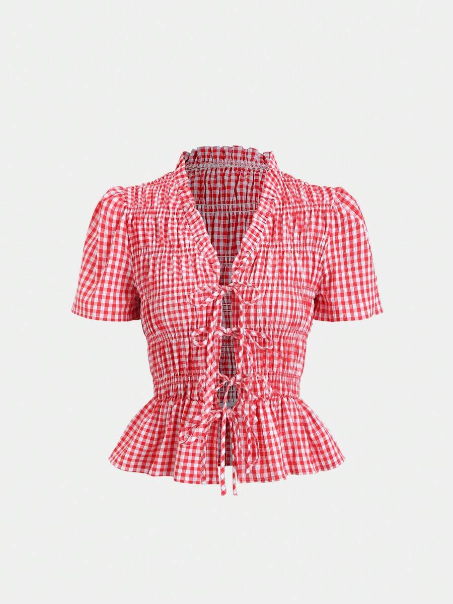 Sweetra Women's Plaid Tie-Waist Short Sleeve Shirt, Spring/Summer - Red - View 1