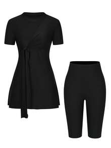 Swim Mulvari Bộ đồ bơi nữ mùa hè mới, cổ tròn, tay ngắn, thắt eo bên hông, xẻ tà, kèm quần short, màu đen, kiểu dáng thường ngày, thích hợp cho kỳ nghỉ hoặc đi biển. - màu đen - Xem 3