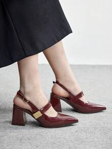 CUCCOO BIZCHIC 女士鞋履 春秋季尖头粗跟中跟酒红色金属扣装饰女士露跟鞋 时尚经典简约通勤约会派对假日度假女士高跟鞋 春季鞋 - 勃墾第紅 - 查看 3