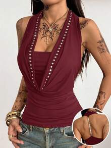 Coolane 女士秋冬街头风复古时尚文艺复兴集市西部牛仔装Y2K辣妹风垂褶领修身露背串珠吊带上衣 - 酒紅色 - 查看 6