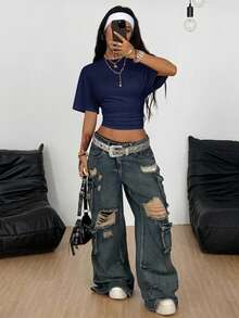 Coolane 女士秋季极简主义Y2K基础日常休闲返校街头风弹力白色宽松褶皱短款T恤黑白两件套 - 藏蓝色 - 查看 10