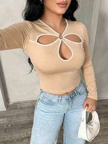 SHEIN SXY 大码女式性感休闲多色撞色镂空花卉T恤 - 彩色 - 查看 4