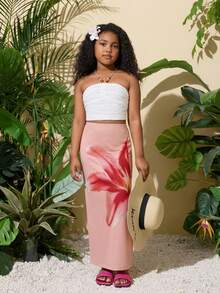 SHEIN Tween Girl Casual Vacation Tropical Print Snug Fit Mini Skirt - Pink - View 5