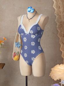 Swim Mod 2026春夏女士沙滩套装，连体泳衣，优雅浪漫甜美可爱海岛度假风，艺术雏菊蓝白格纹印花，精致蕾丝花边装饰，细肩带修身连体泳衣，适合夏季度假、海滩、泳池、日常穿着。2026新款女士泳装到货，适合上学、度假、约会、下午茶、西式、邮轮、海滩、海岛、公路旅行、四季皆宜、音乐节、波西米亚风度假、凉爽秋季、西部波西米亚风、优雅女士泳衣，活泼假日彩色印花波西米亚复古泳衣，复古泳衣，女士雏菊泳衣，格纹泳衣，连体泳衣 - 藍色 - 查看 10