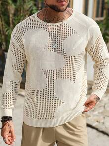 Manfinity RSRT 男士纯色圆领长袖镂空休闲套头毛衣 - 杏色 - 查看 3