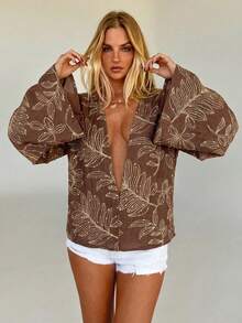 Aloruh Women's Fashionable Sexy Deep V Sequin Flare Sleeve Blouse - Brown - View 1