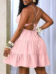 BamGleam Women's Vacation Solid Color Ruffle Hem Sexy Halter Backless Tie Strap Dress - Pink - View 2