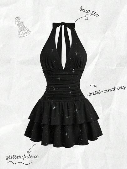 Olithes 女士春夏新款黑色亮面面料吊带系腰双层荷叶边下摆休闲日常连衣裙，适合外出、工作、约会、派对、聚会、下午茶等场合。