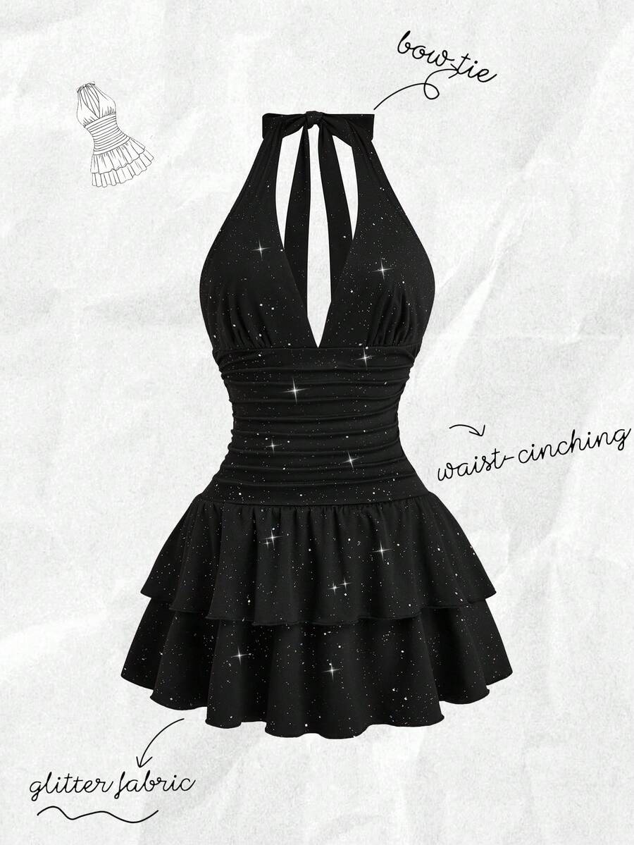 Olithes Robe décontractée en tissu noir brillant avec col ras-du-cou, taille nouée, double volant à l'ourlet, convient pour les sorties, le travail, les rendez-vous, les fêtes, les rassemblements, le thé de l'après-midi - Noir - Voir 1