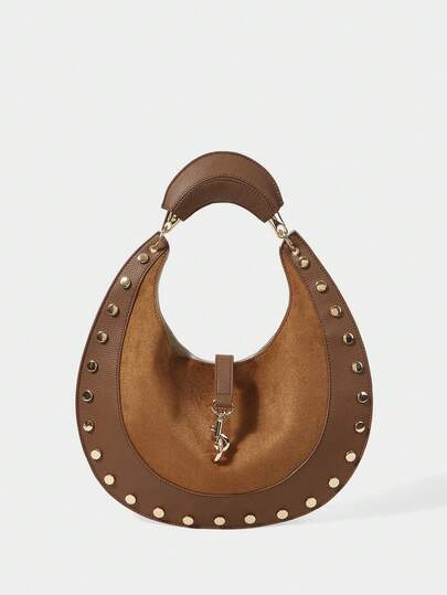 SHECARRY Ladies Vintage Semicircle Bag With Rivet Trim And Exquisite Hardware