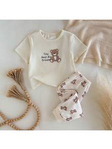 Loomiva 2pcs Baby Boy Cartoon Bear Pattern Knit Soft Round Neck Short Sleeve Top And Elastic Waist Pants Set - White - View 2
