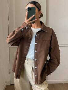 DAZY Women's Turndown Collar Washed Denim Casual Jacket With Belt, Loose Fit City Style - Coffee Brown - View 3