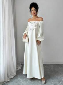 Yasmyna 女士露肩灯笼袖宽松长款优雅阿拉伯连衣裙 - 黃色 - 查看 4