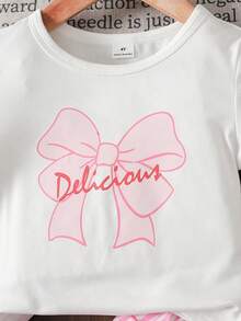 SHEIN 女童蝴蝶结印花针织T恤+条纹蛋糕裙，休闲时尚，百搭，适合派对、郊游、姐妹合照、公园、露营、度假、日常休闲穿着。 - 粉色 - 查看 3