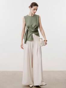 Aalyst Áo không tay nữ thanh lịch, sang trọng, chất liệu pha lanh nhẹ, thiết kế thắt nút nhún bèo phía trước, phù hợp cho các dịp thường ngày, công sở, du lịch, phong cách boho. - màu xanh lá - Xem 3