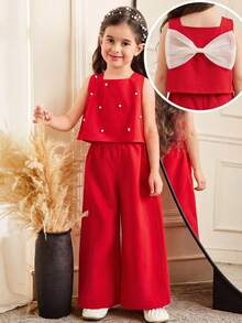 SHEIN 2pcs Young Girls Bow Decor A-Line Camisole Set, Elegant, Fashionable, Versatile, Suitable For Party, Outing, Sister Photo Shoot, Park, Camping, Vacation, Casual Daily Wear,Kids - Red - View 1