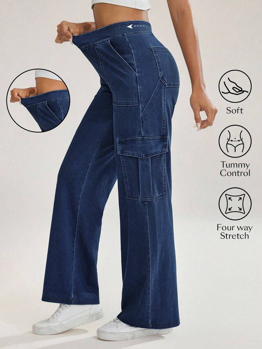 Flexra Quần jeans ống rộng có túi nắp, phong cách thường ngày năng động, thích hợp cho nữ đi làm. - Rửa trung bình - Xem 1