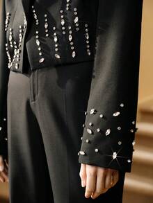 Revavyn Revavyn Women's Loose Fit Dropped Shoulder Elegant Rhinestone Padded Shoulder Design Short Blazer Jacket For Dates - Black - View 7