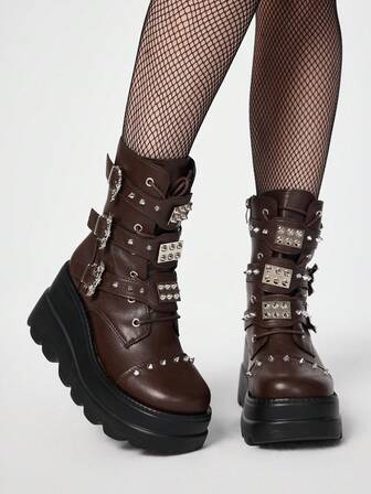Grunge Punk 2025 neue Mode Plateau-Sohle Punk Dunkel-PU Leder Stiefel, dünne Gothic Kurzstiefel für Frauen, Herbst/Winter für Weihnachten