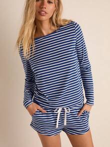 Easelle Women's Blue And White Stripe 2 Pieces Lounge Sets,Autumn Casual Loungewear Vintage Bohemian Loose Top And Low-Waist Shorts Summer Clothing Short Set - Blue - View 6