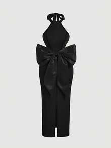 SHEIN MOD Women's Black Backless Bow Tie Halter Neck Dress,Elegant Summer Dinner Club Outfits,Classy Midi Cut Out Birthday Wedding Guest Date Night Dresses - Black - View 2